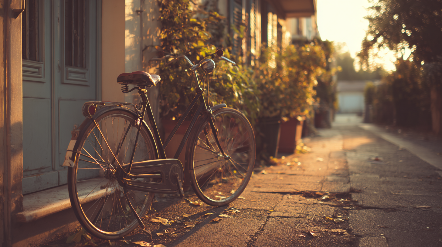 A imagem retrata uma bicicleta clássica encostada em uma parede clara, iluminada por uma luz suave do final da tarde. A paleta de cores inclui tons quentes de laranja, amarelo e marrons, contrastando com a porta azul ao fundo. O cenário é urbano e tranquilo, com plantas ao redor.