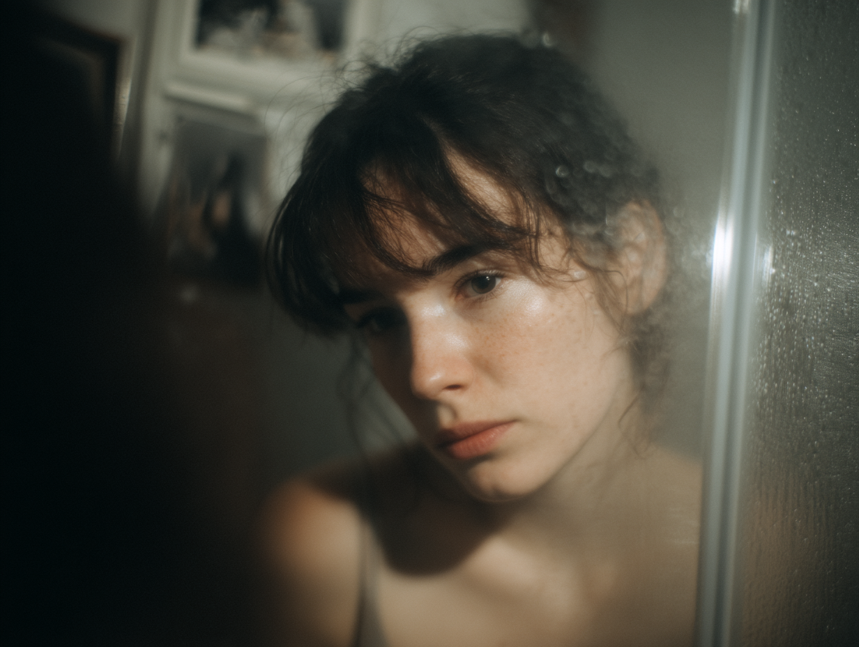 Retrato de uma jovem mulher com cabelos cacheados e pele clara, refletida em um espelho embaçado, transmitindo uma expressão pensativa e introspectiva. O ambiente é suave e intimista, com iluminação difusa que destaca os detalhes sutis do seu rosto.