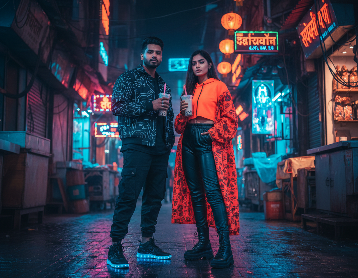 Two people stand confidently in a vibrant neon-lit street, holding drinks that suggest a modern,