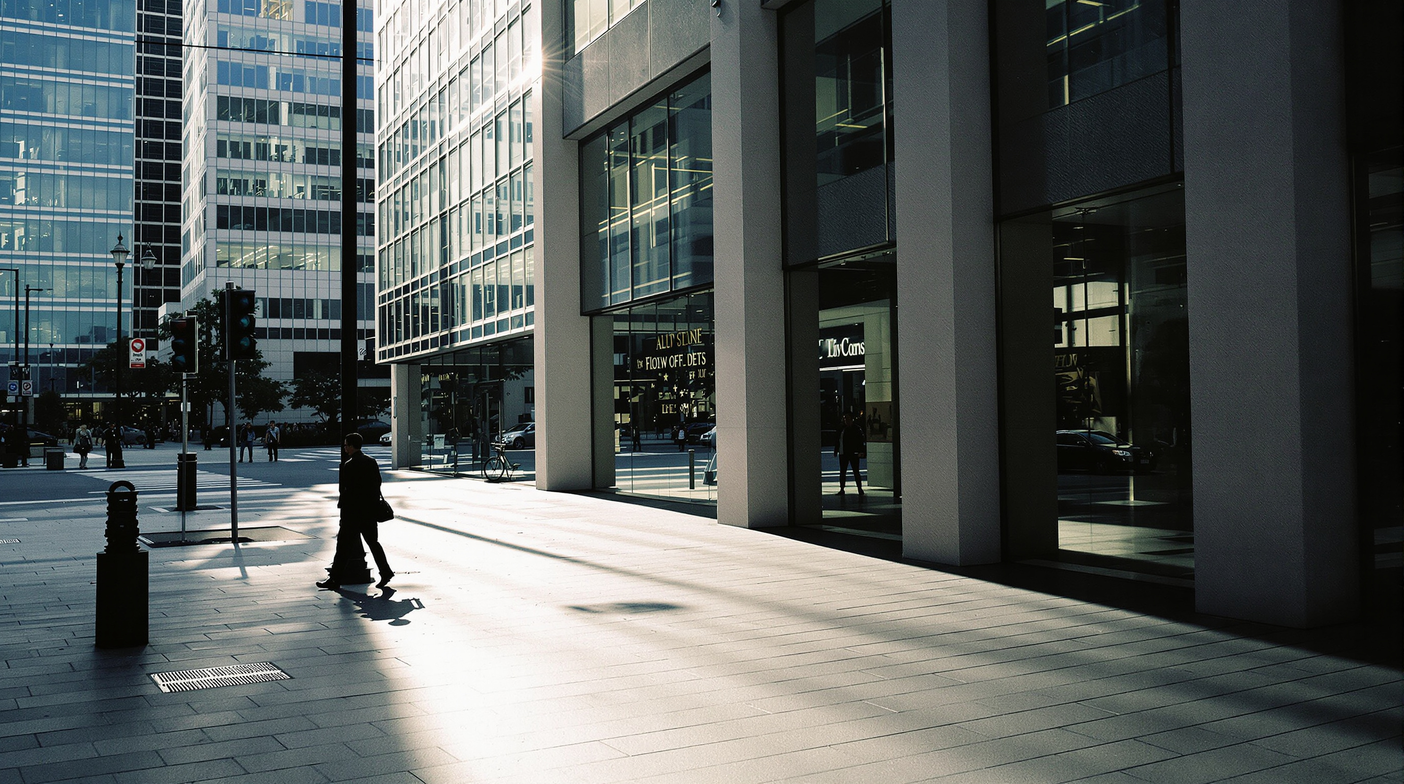 A modern urban scene with high-rise glass buildings towering under sunlight