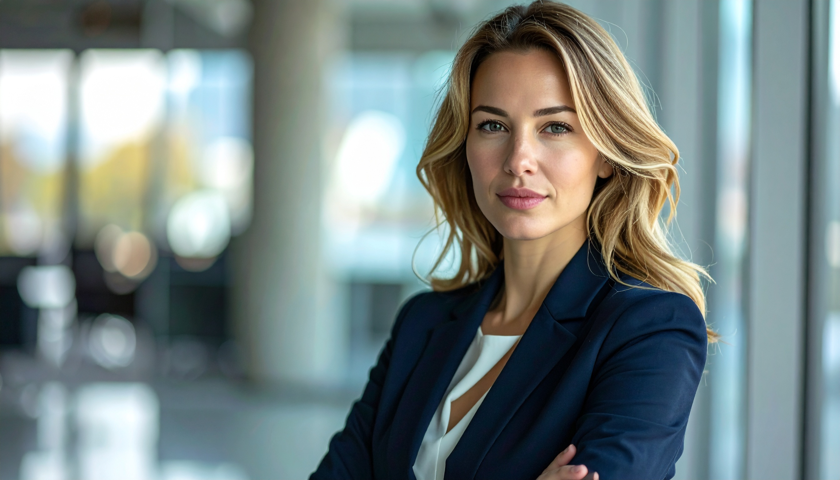 Mulher com expressão confiante em traje formal, posando em ambiente corporativo com iluminação suave. O fundo desfocado destaca janelas grandes e ambiente moderno, criando uma atmosfera de profissionalismo. Composição centrada e foco nítido no rosto.