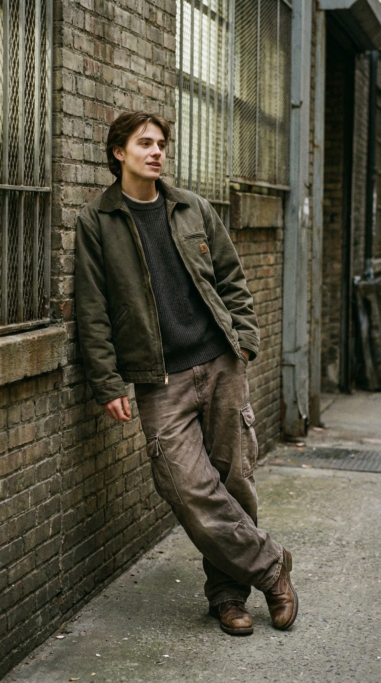 A young man leans casually against a brick wall in an urban setting