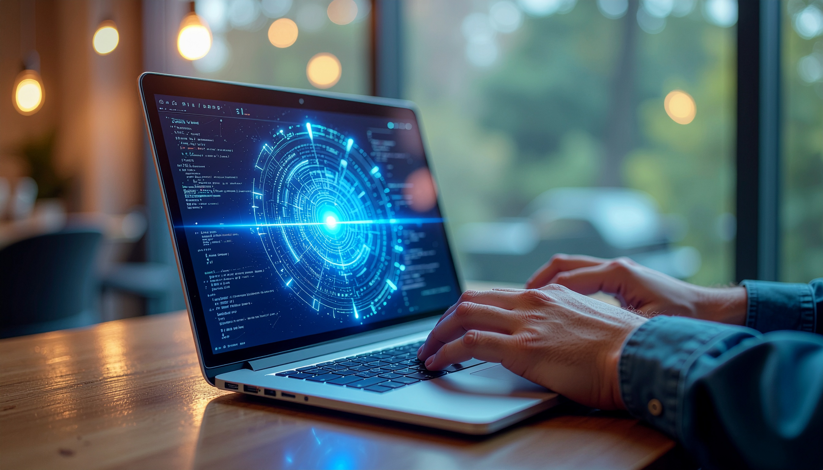 Person Working on a Laptop in a Modern Creative Environment