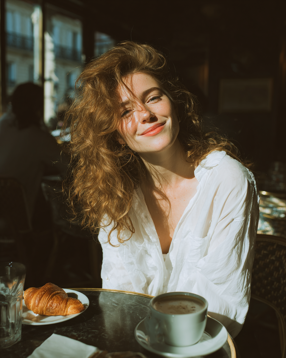 Mulher sorridente com cabelo cacheado e volumoso, vestindo uma camisa branca, sentada em uma cafeteria. Na mesa, há uma xícara de café e um croissant em um prato. A luz do sol entra pela janela, criando uma atmosfera acolhedora e convidativa.