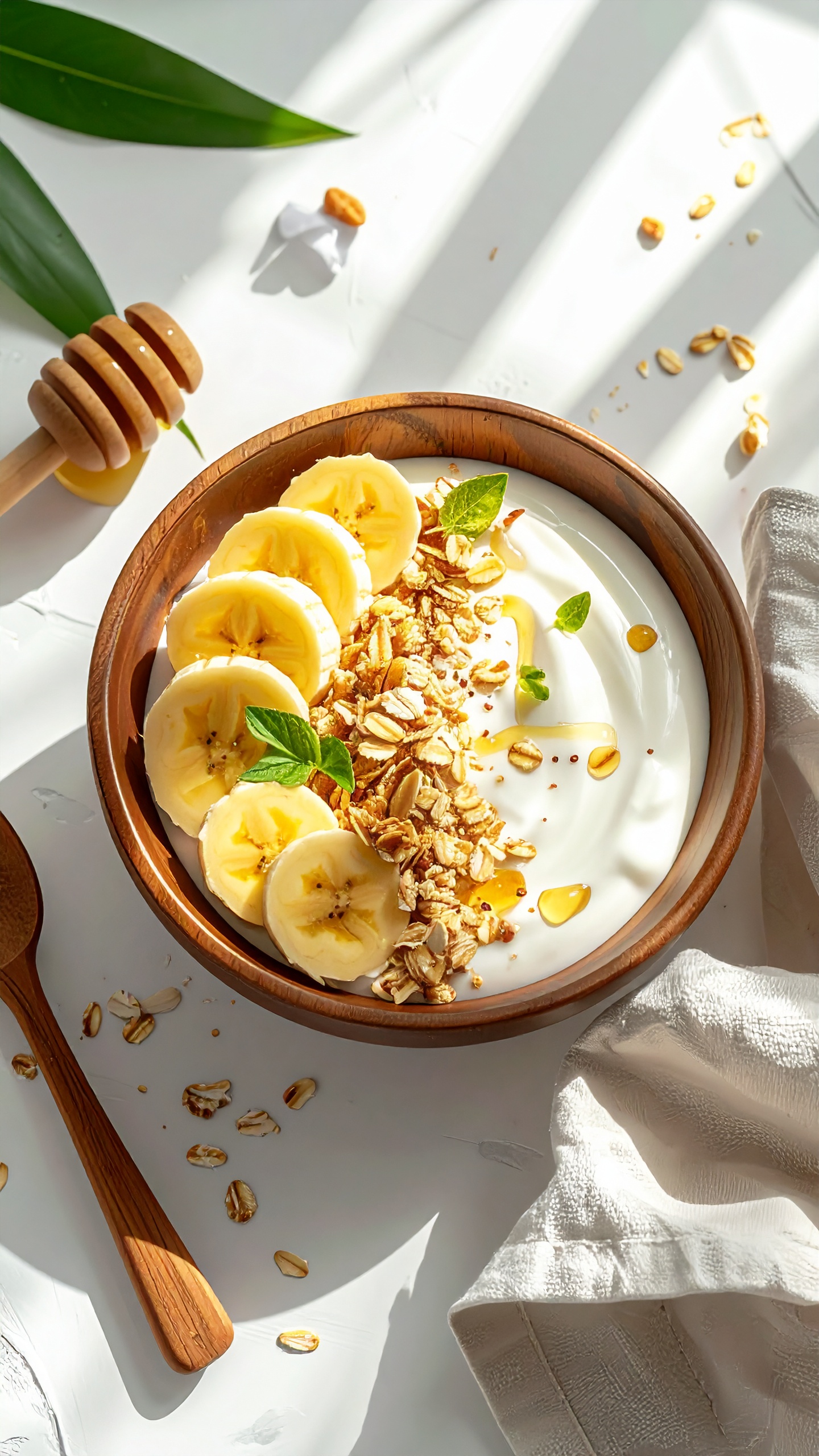 Wooden Bowl with Natural Yogurt and Banana