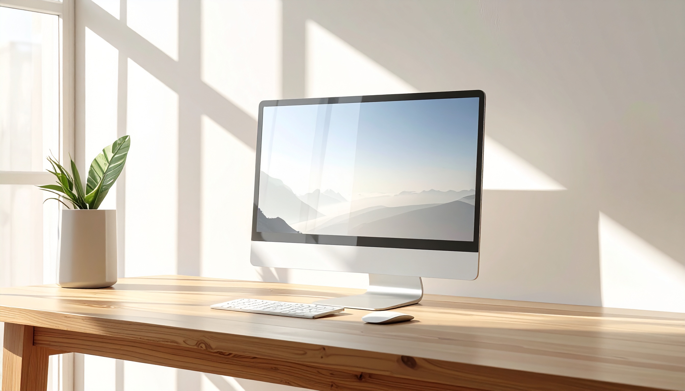 Minimalist Workspace with Laptop on Light Wood Desk