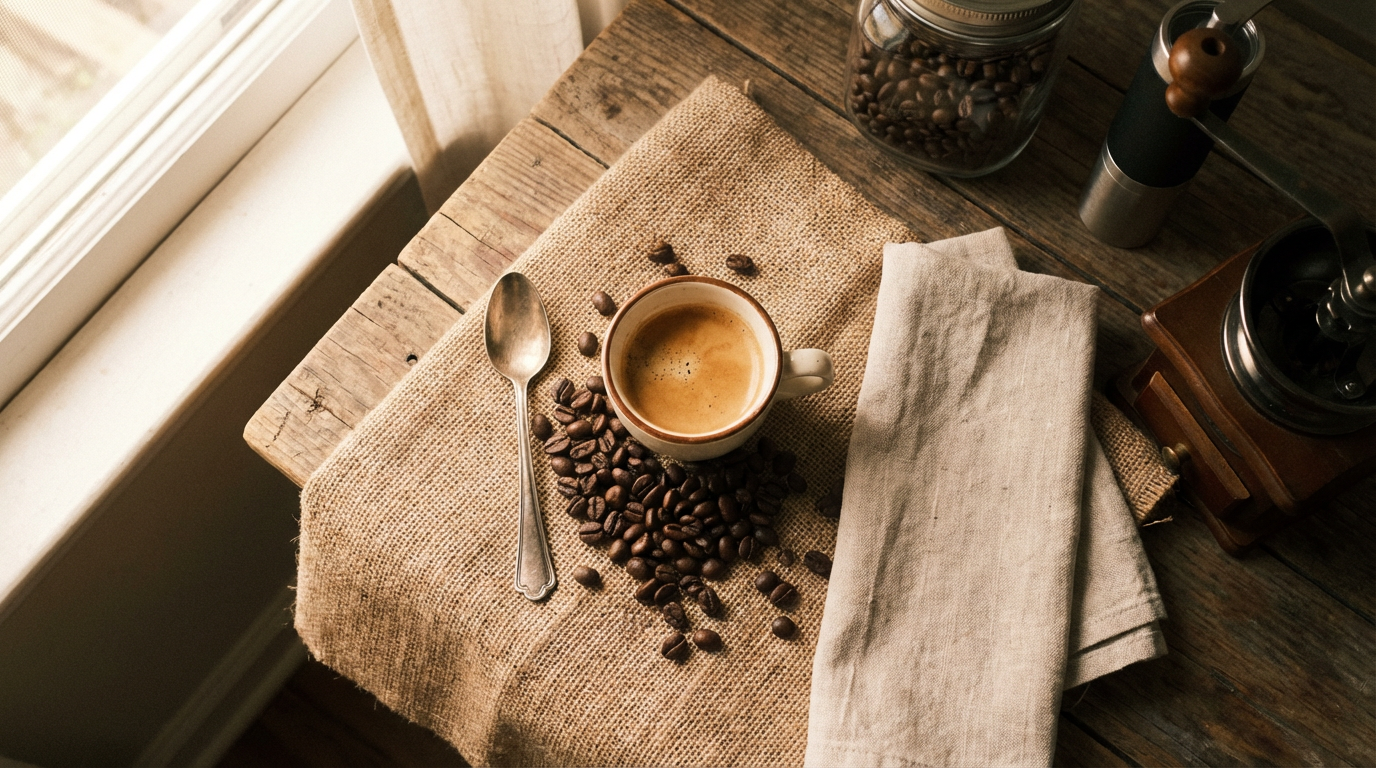 A steaming cup of espresso sits atop a rustic wooden table, surrounded by coffee beans