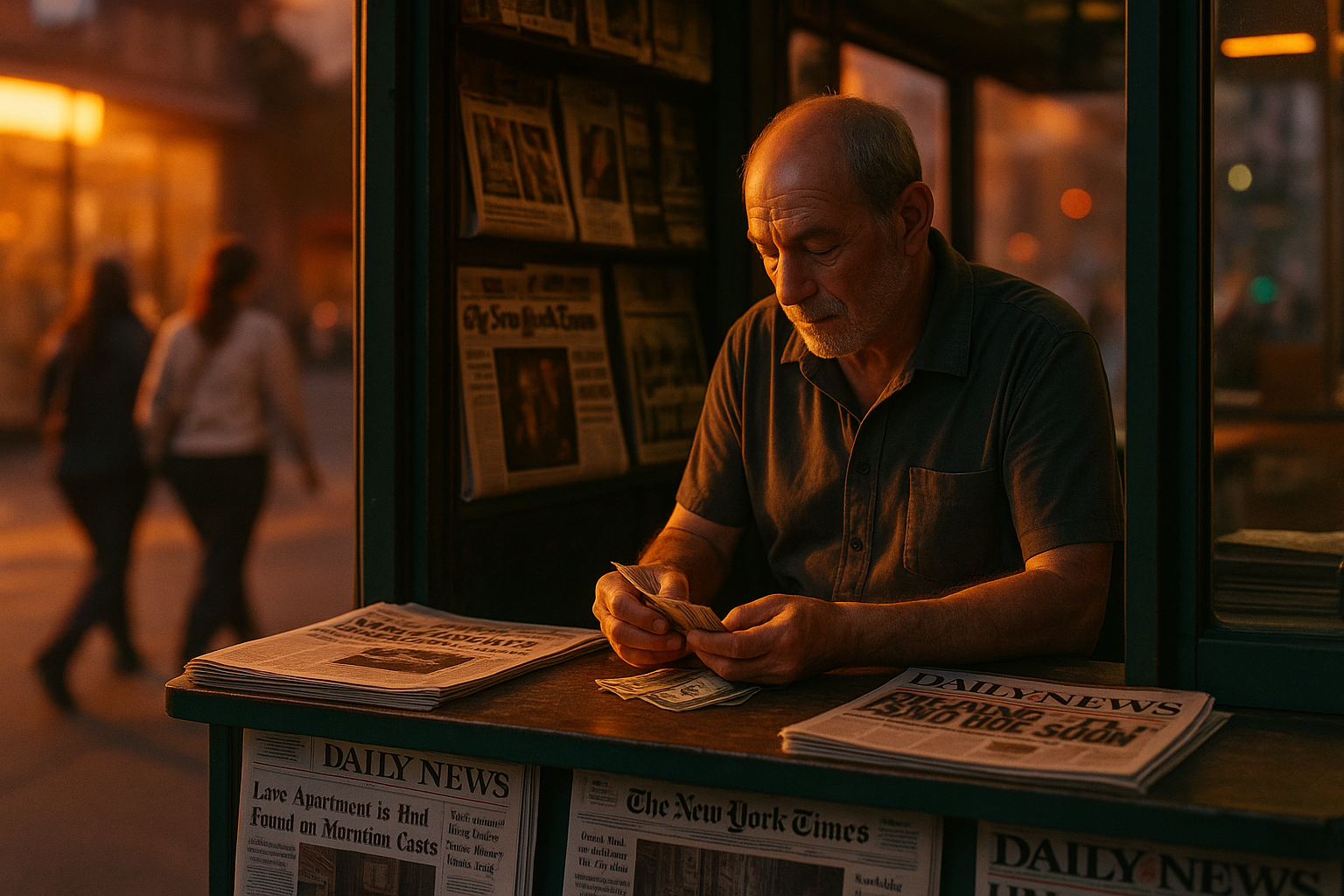 Um homem idoso conta dinheiro em uma banca de jornais iluminada pela luz do pôr do sol. O cenário urbano ao fundo apresenta pessoas passando, criando um ambiente nostálgico e vibrante.