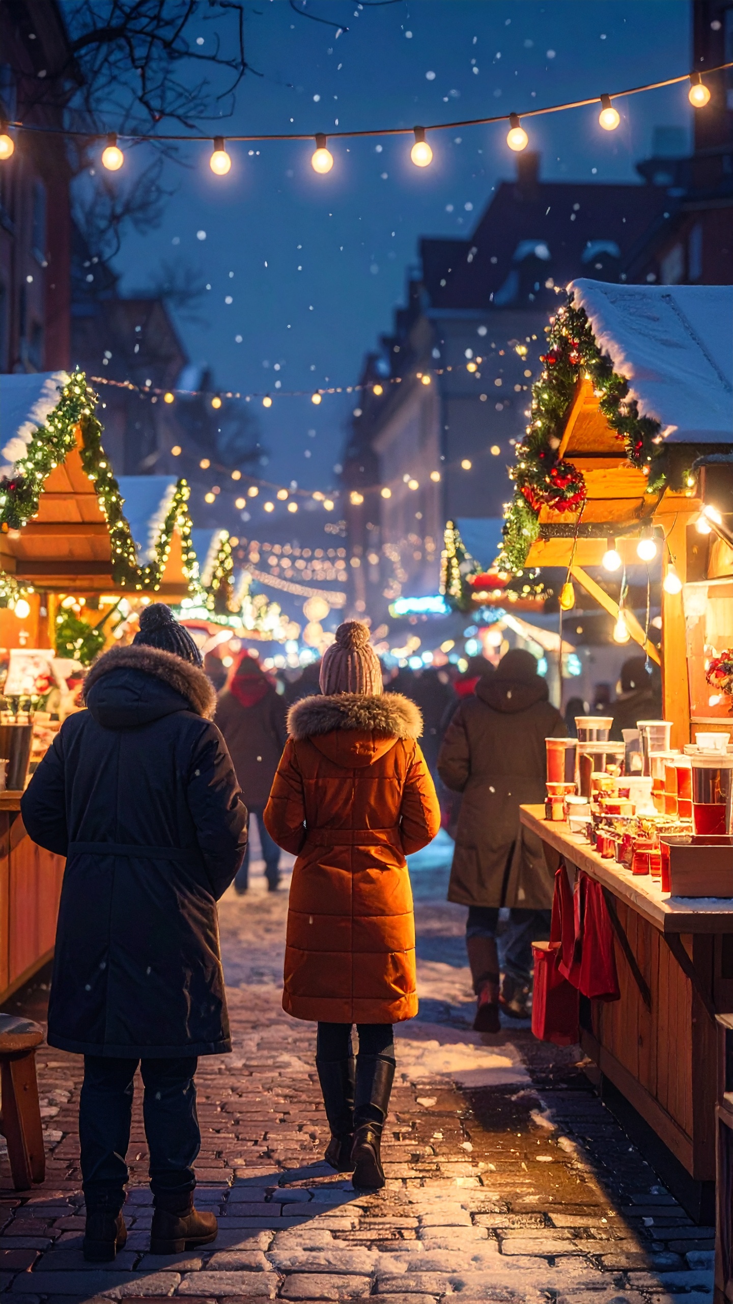 Couple Walking Through Christmas Market at Night with Snow