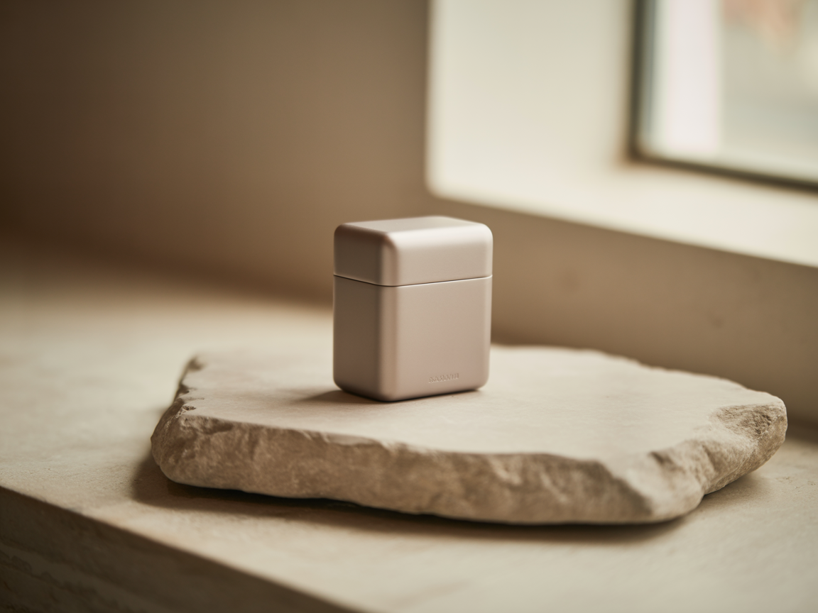 A sleek, minimalist container sits on a natural stone slab, bathed in soft lighting