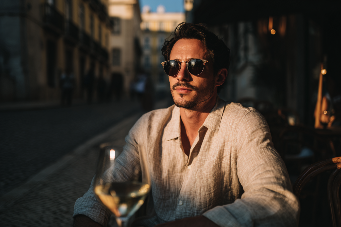 A imagem retrata um homem sentado em um ambiente urbano ao entardecer, com luz suave iluminando seu rosto. Ele usa óculos de sol e uma camisa de linho clara, enquanto um copo de vinho branco está visível na mesa à sua frente. O fundo apresenta uma rua de paralelepípedos e edifícios antigos, criando uma atmosfera relaxante e sofisticada.