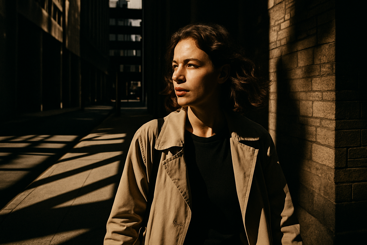 A woman in a stylish beige trench coat walks through an urban corridor