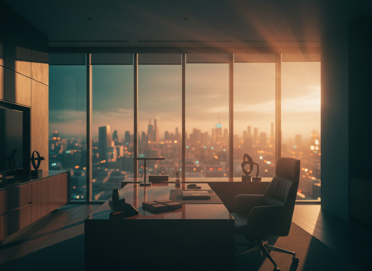 Escritório moderno com móveis elegantes e amplas janelas de vidro, oferecendo vista panorâmica de uma cidade ao entardecer. A luz dourada do pôr do sol ilumina suavemente o ambiente, destacando a decoração minimalista e sofisticada. A composição simétrica e o uso de tons quentes criam uma atmosfera acolhedora e profissional.