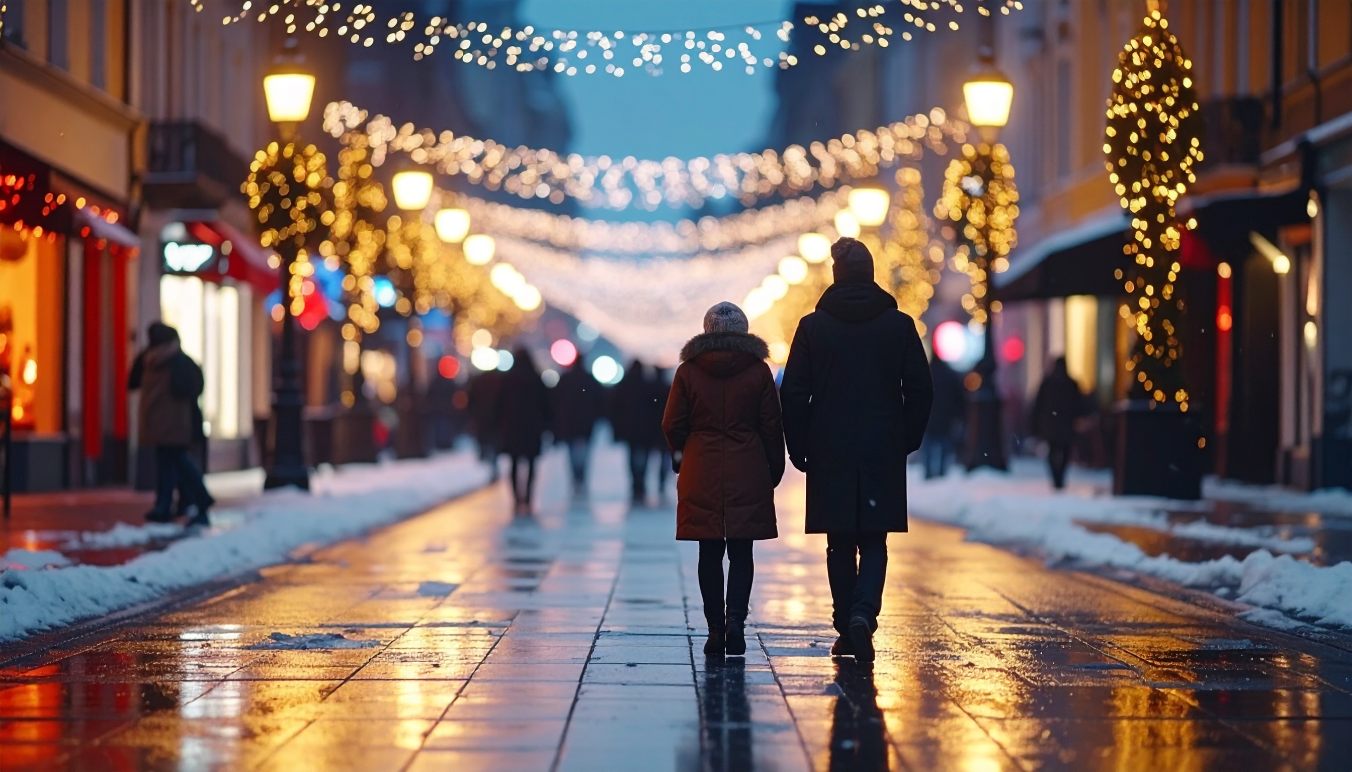 Um casal caminha de mãos dadas em uma rua iluminada por luzes de Natal, criando uma atmosfera mágica e romântica de inverno urbano.