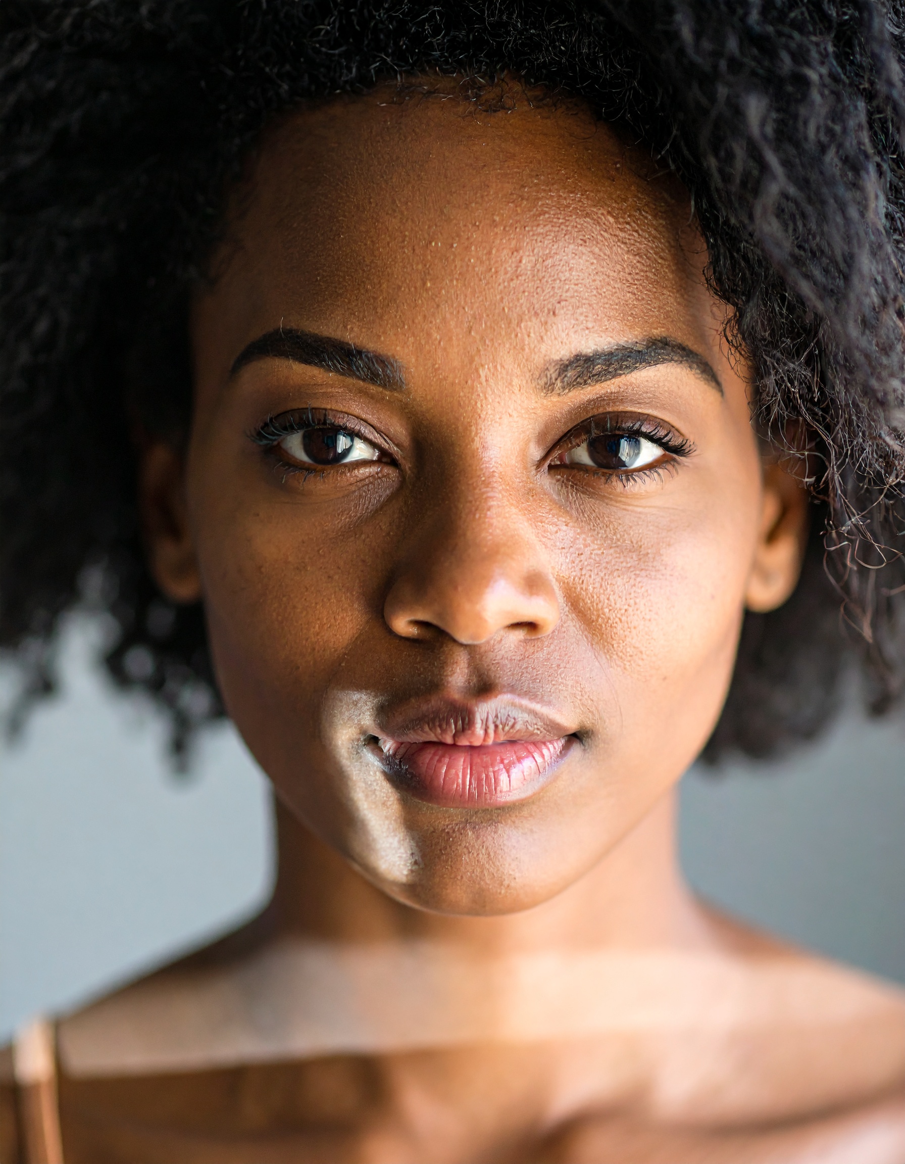 Close-up portrait of a woman with natural hair and a confident expression