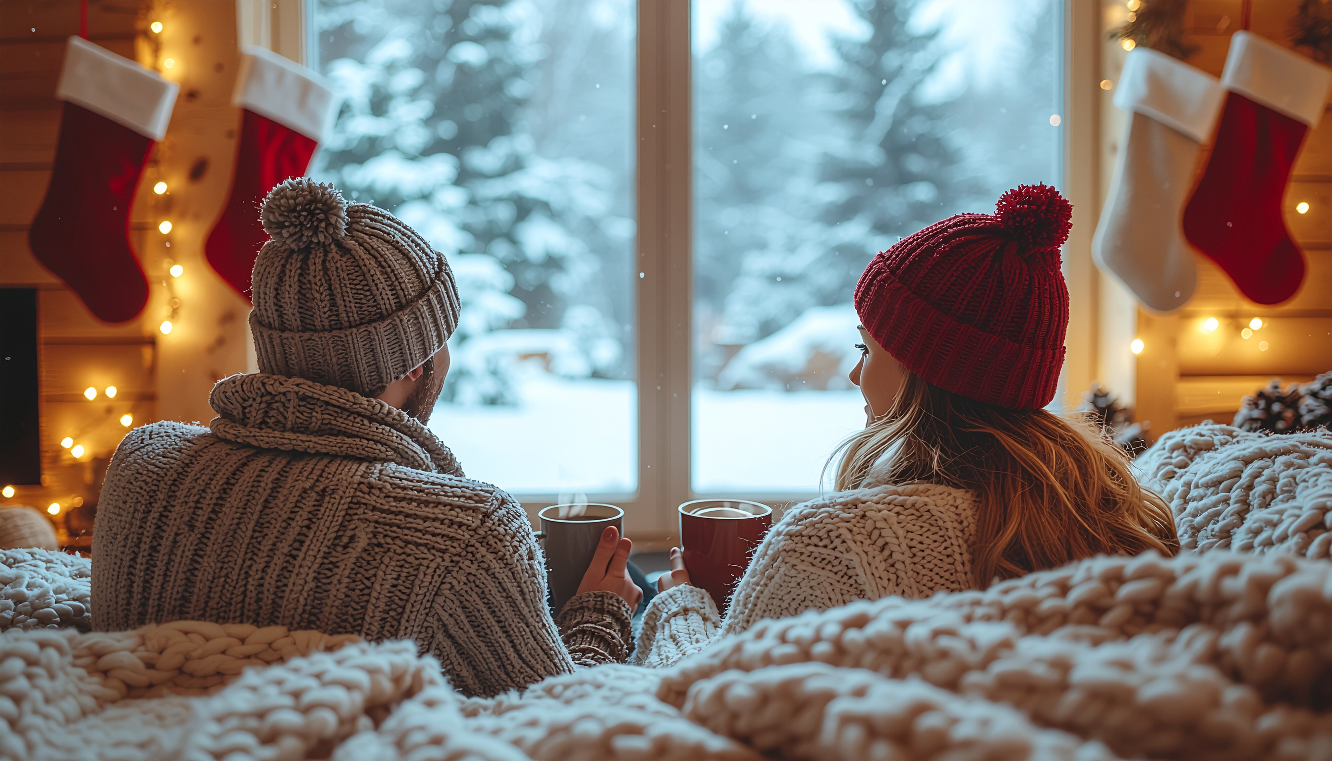 Duas pessoas vestindo gorros de lã e suéteres aconchegantes seguram canecas em frente a uma janela, observando a paisagem nevada. O ambiente interior é decorado com meias natalinas e luzes suaves, criando uma atmosfera acolhedora e festiva, com foco suave e composição calorosa.
