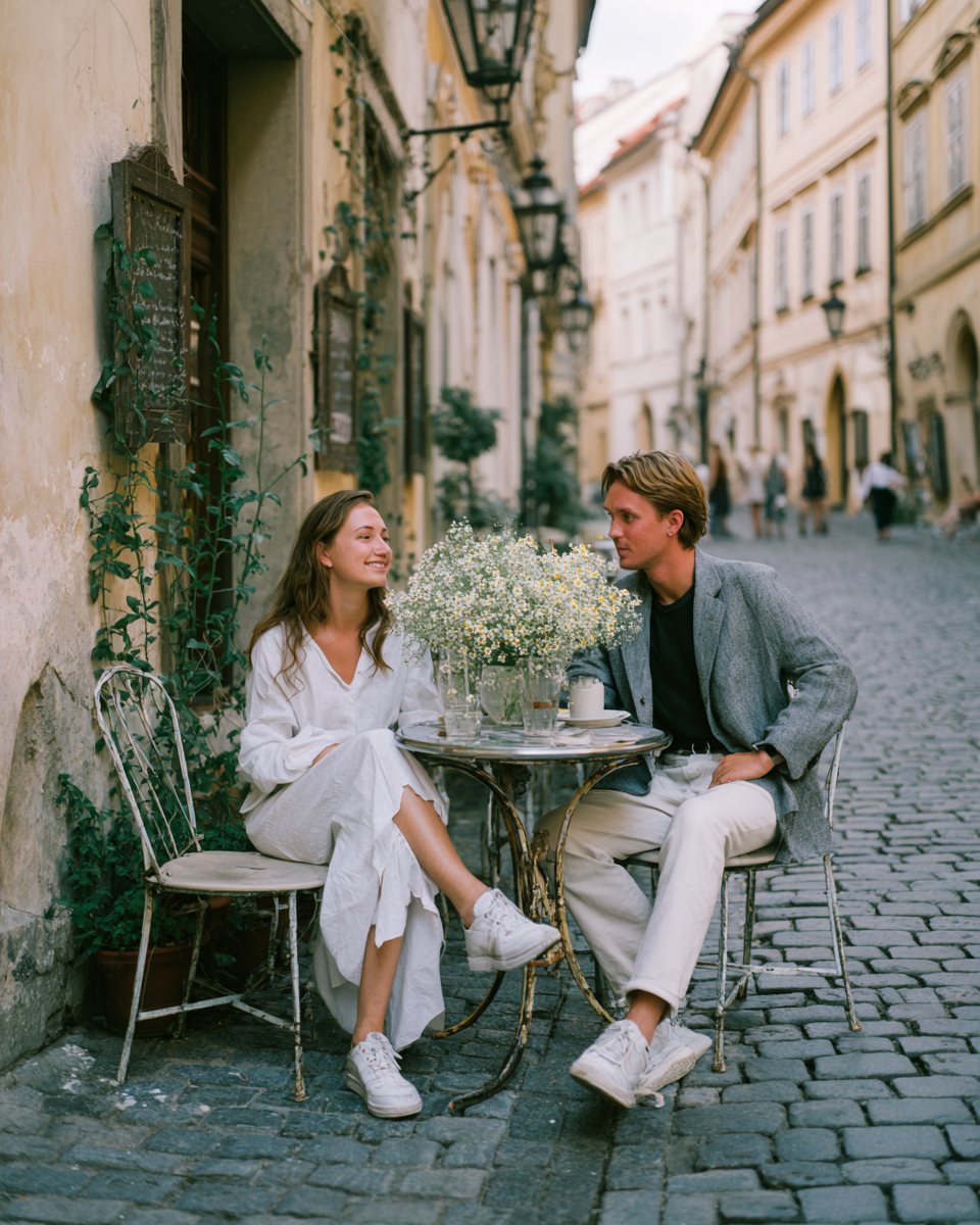 Um casal sorridente sentado em uma mesa de café em uma rua pitoresca, rodeados por flores e arquitetura histórica. A mulher veste um vestido branco e o homem está de blazer cinza, ambos desfrutando de uma tarde ensolarada em um ambiente romântico.