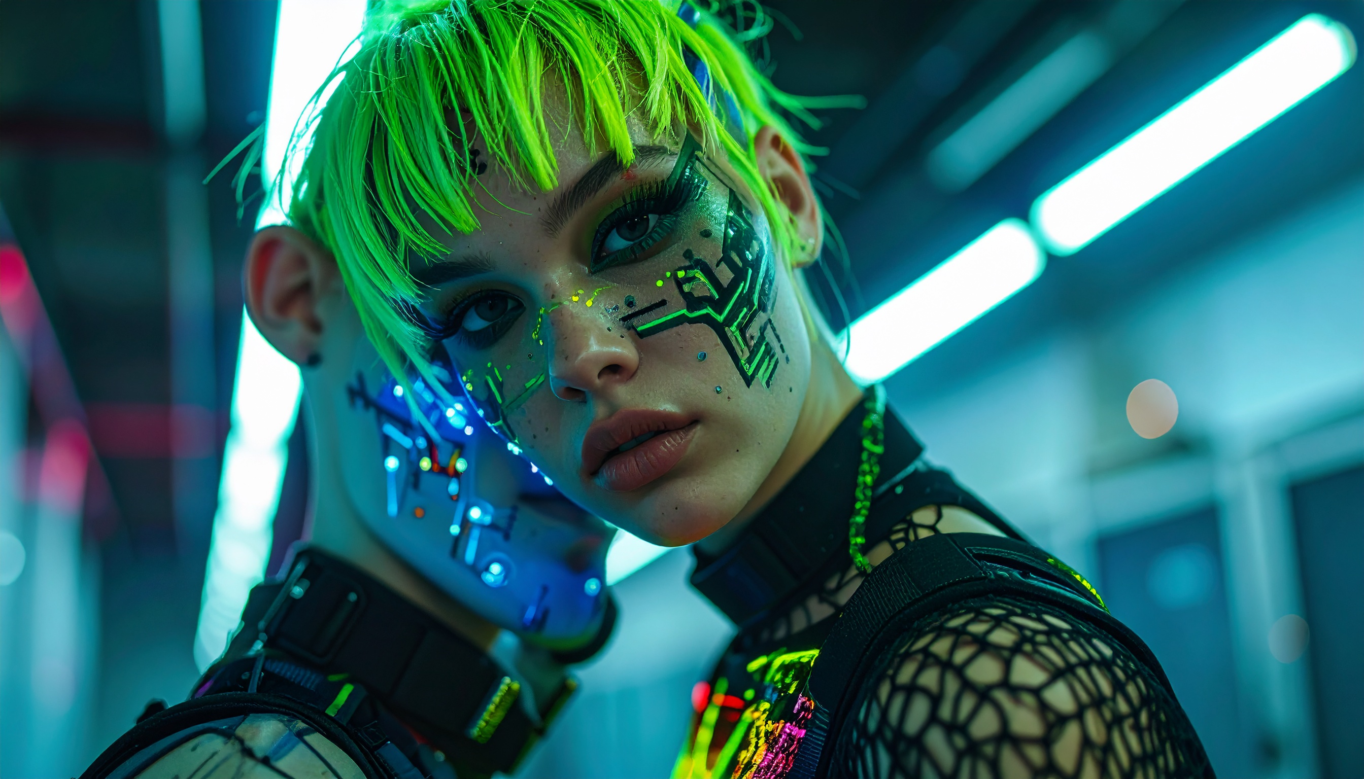 Vibrant neon cyberpunk fashion in an urban setting