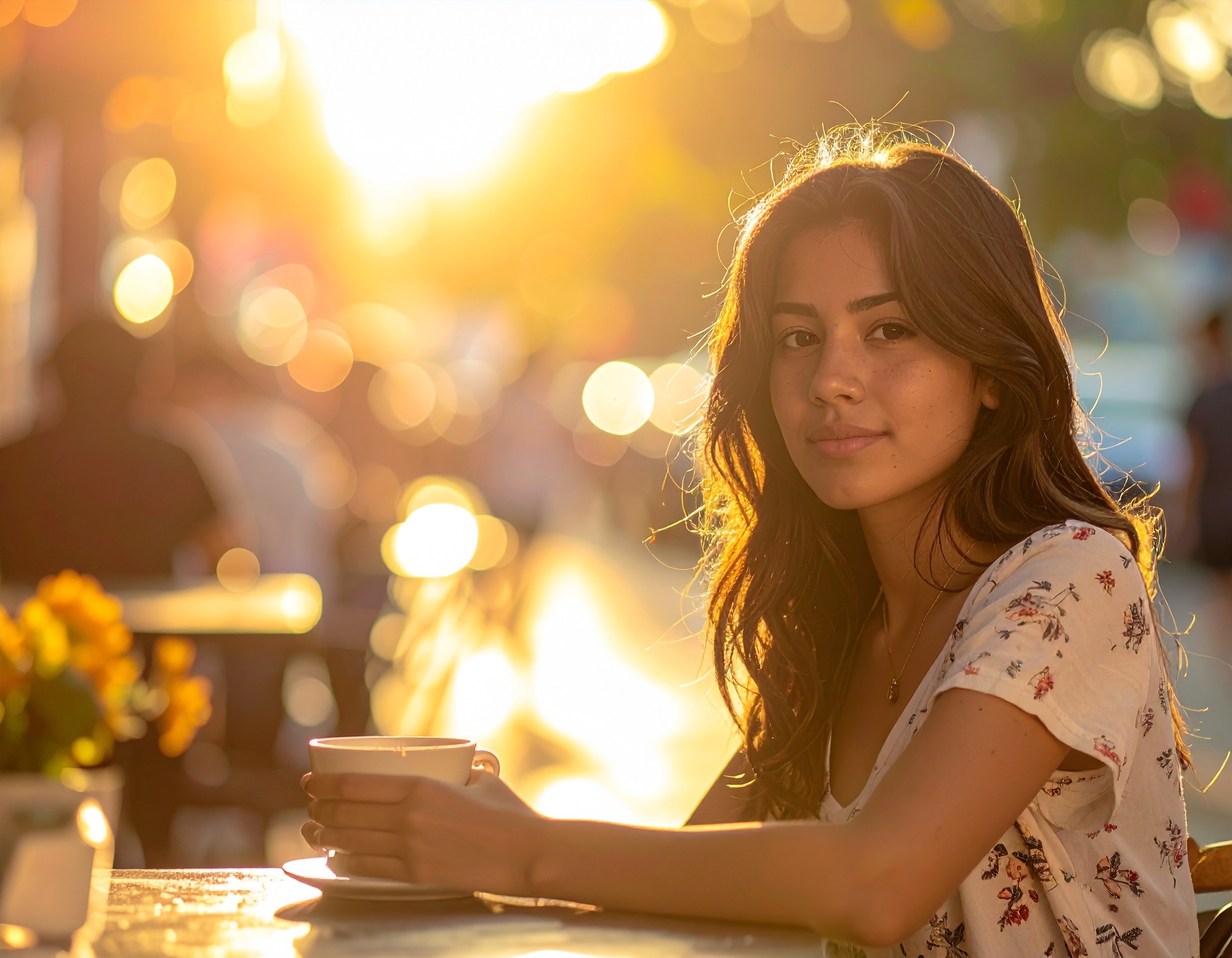 Jovem mulher sentada em uma cafeteria ao ar livre, segurando uma xícara sob a luz dourada do pôr do sol. As sombras suaves e a iluminação quente criam uma atmosfera acolhedora e tranquila. O fundo desfocado destaca bokeh de luzes urbanas, adicionando profundidade à imagem. A composição enfatiza o rosto sereno da mulher, com foco preciso e uma sensação de calma e introspecção.
