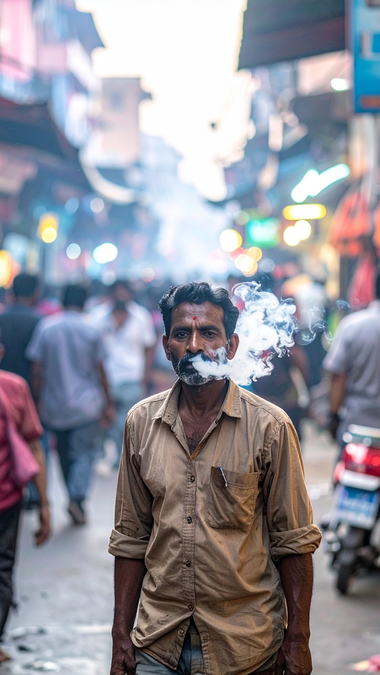 A man stands in a bustling, vibrant street surrounded by colorful lights