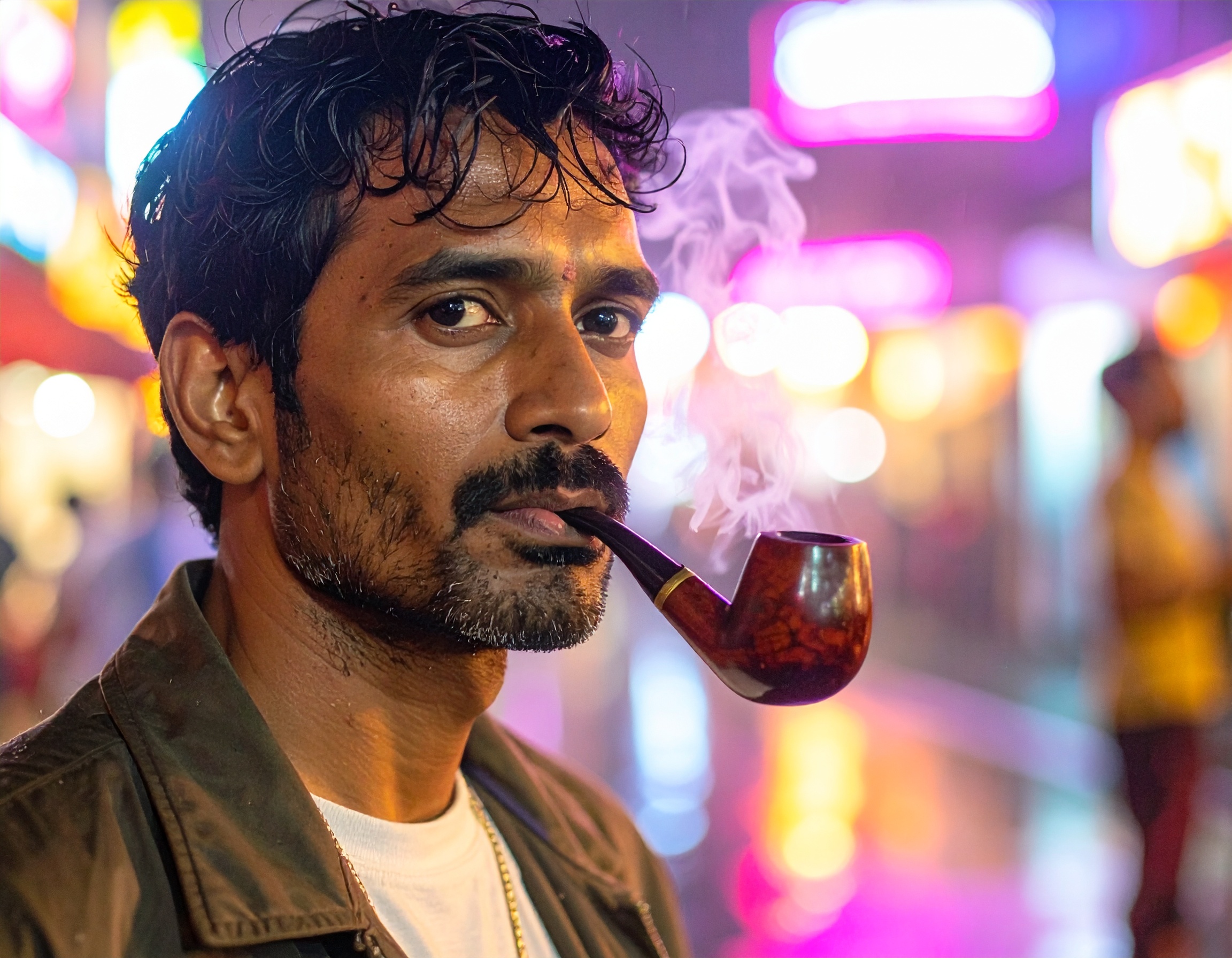 A man smokes a pipe in a vibrant urban setting