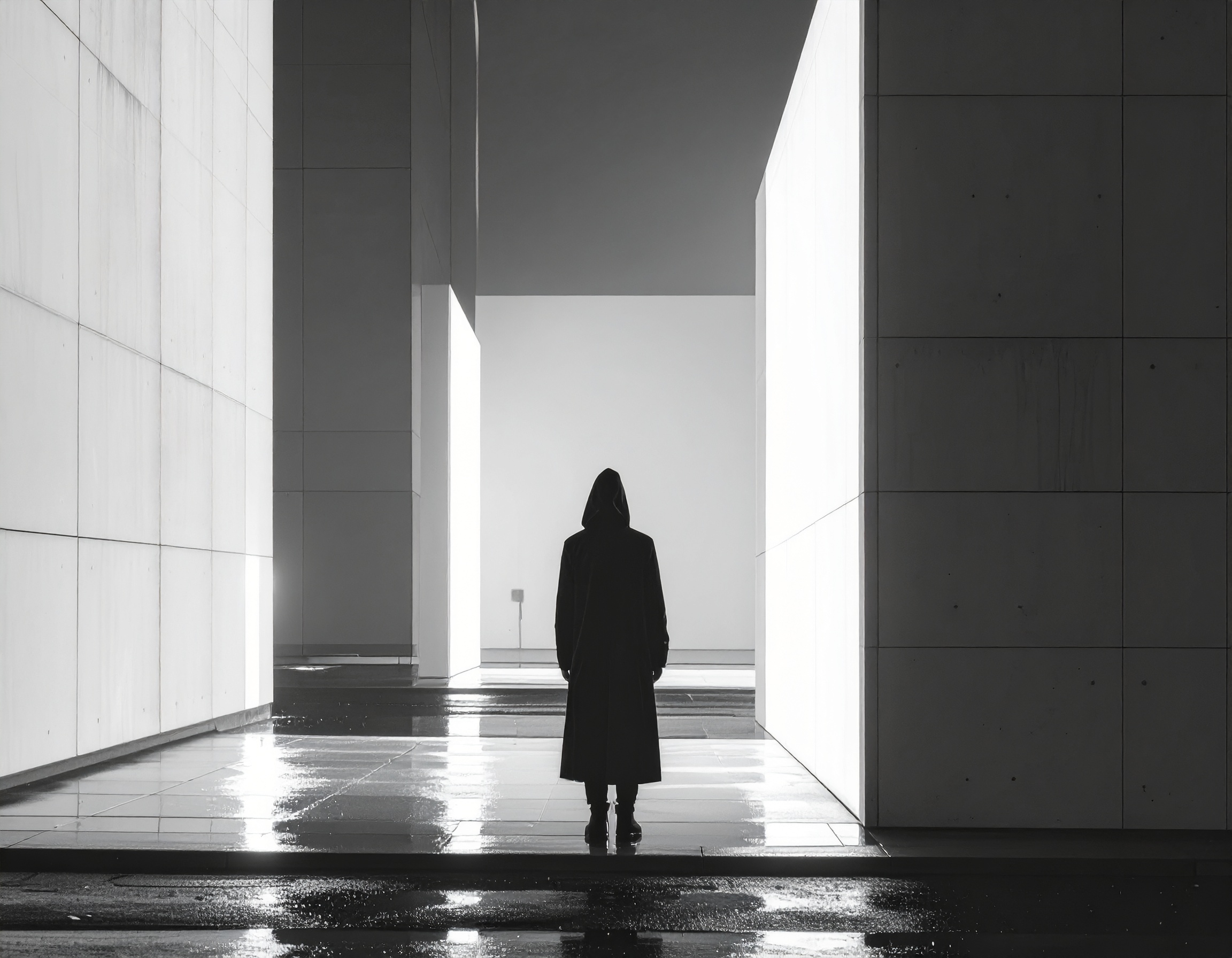 A lone figure in a hoodie walks between towering concrete structures
