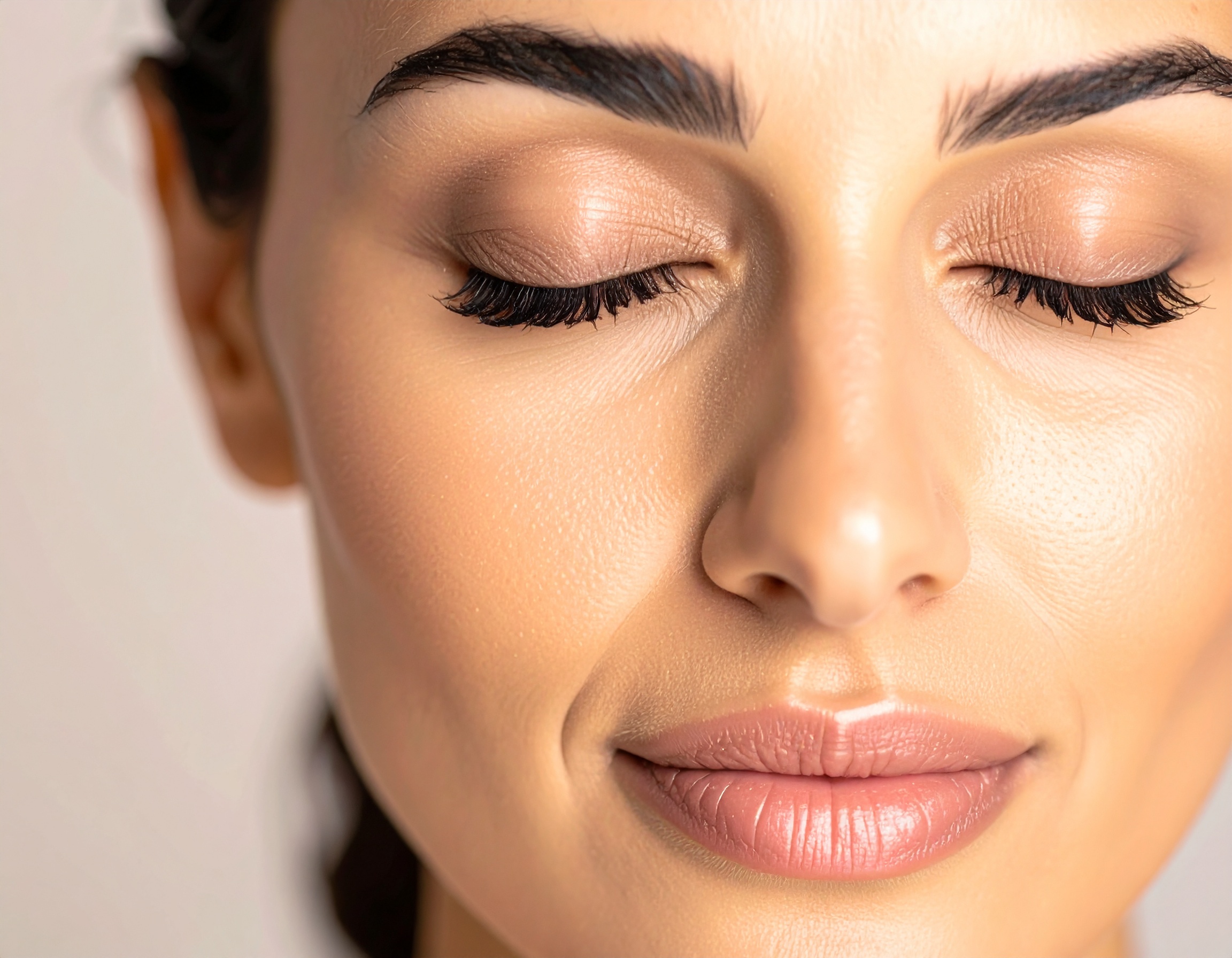 A woman with impeccably applied makeup showcases closed eyes with perfectly groomed eyebrows and lus