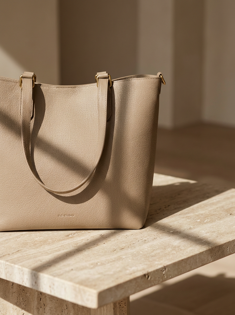 Beige leather tote bag rests elegantly on a marble surface