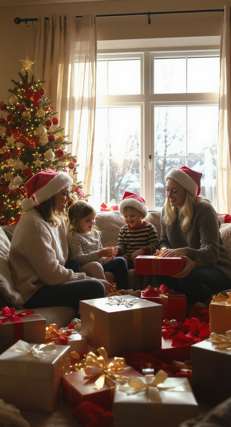 A cozy family scene with a Christmas tree and gifts emphasizes holiday joy