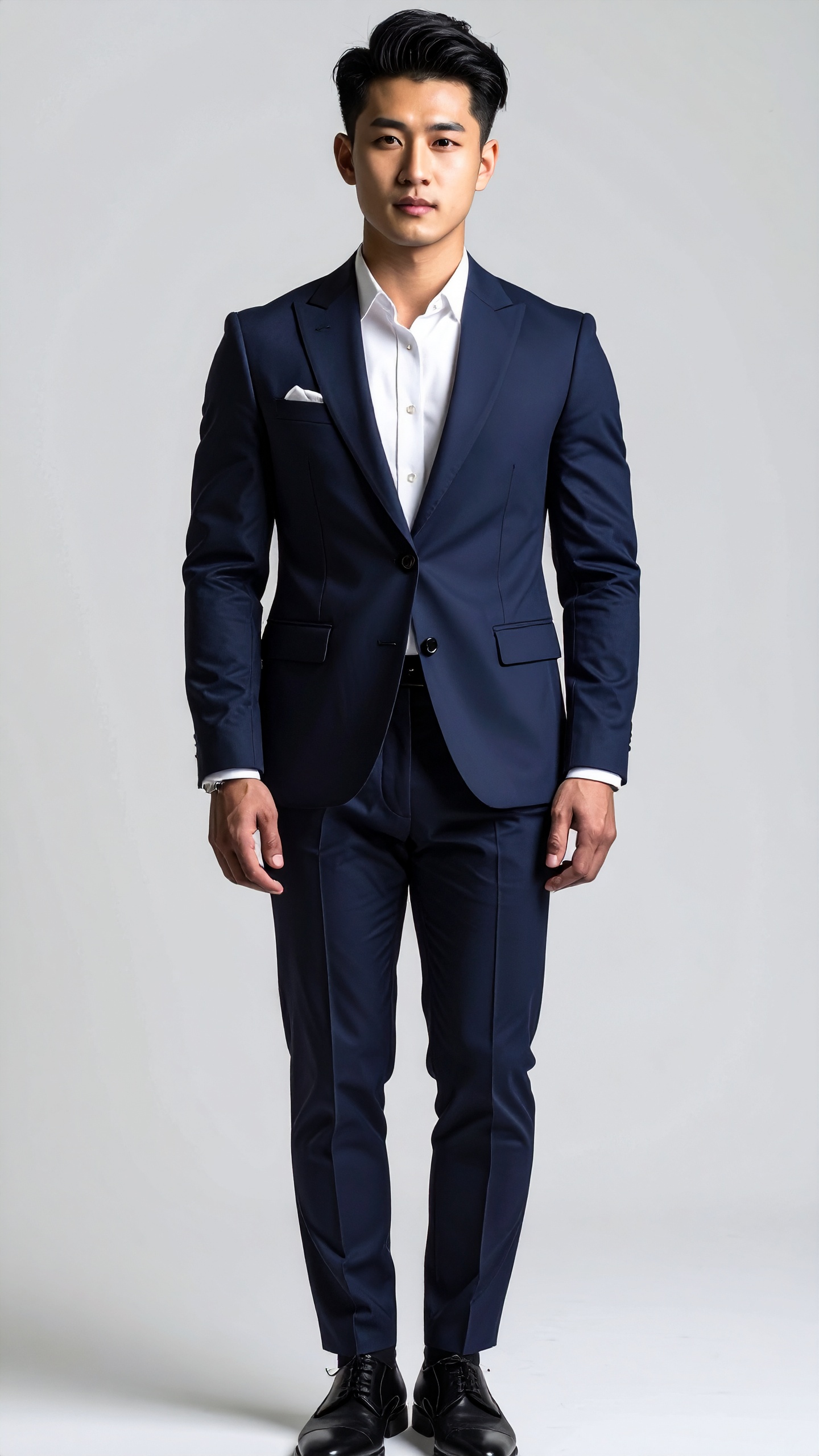 Traje social masculino elegante em tom azul marinho, ideal para ocasiões formais. O terno inclui um paletó com um corte moderno e lapelas finas, acompanhado de uma camisa branca clássica. O visual sofisticado é complementado por sapatos pretos polidos, adicionando um toque de requinte. Perfeito para eventos corporativos, casamentos ou qualquer ocasião que exija uma apresentação impecável. Esse conjunto destaca-se pela sua versatilidade e estilo atemporal.