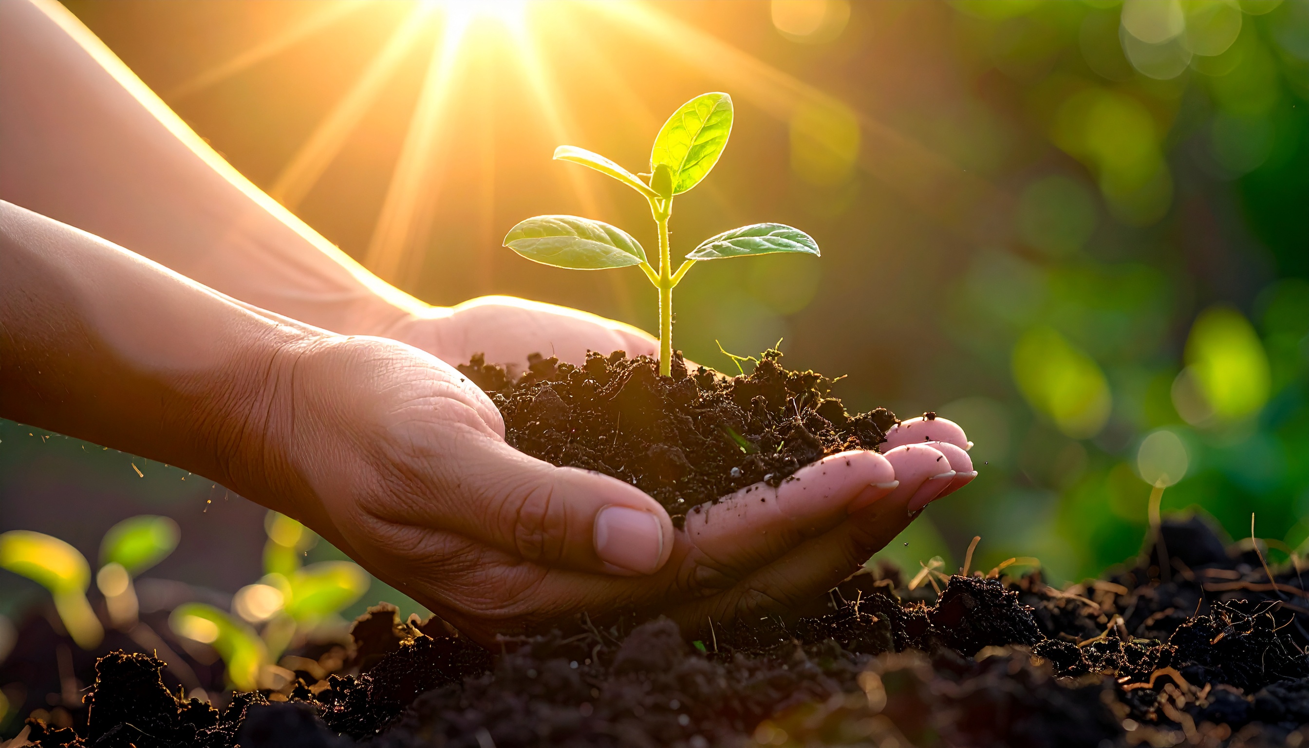 Mãos segurando delicadamente uma pequena muda de planta em solo fértil, com iluminação solar suave ao fundo, criando uma atmosfera de esperança e renovação. A cena destaca o contraste entre a textura escura da terra e o verde vibrante das folhas, com foco nítido na planta central e um fundo desfocado que sugere um jardim ao entardecer.