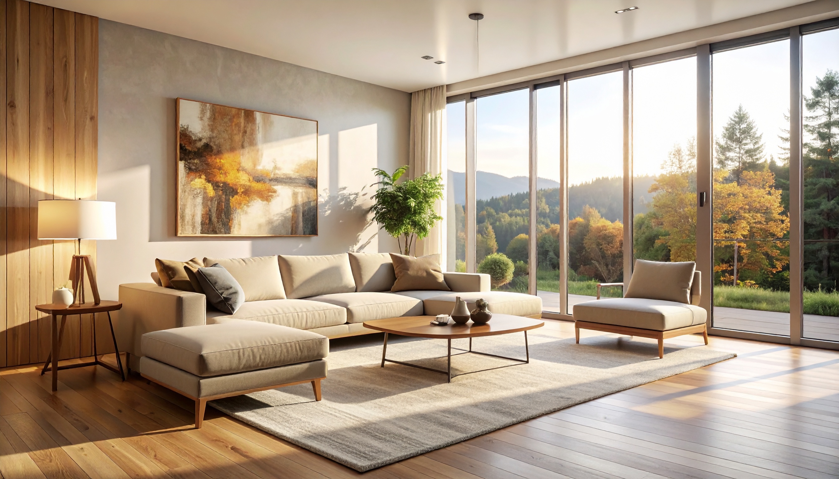 A sophisticated living room with modern furniture and a scenic view