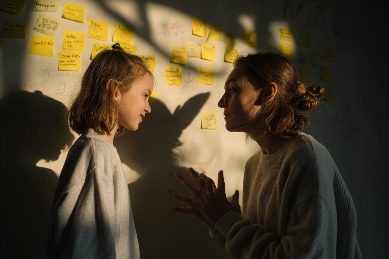 Uma mulher e uma menina estão em uma conversa intensa, iluminadas por luz suave, com post-its amarelos ao fundo. A expressão da mulher é séria enquanto gesticula, enquanto a menina observa atentamente, refletindo um momento de aprendizado e comunicação.