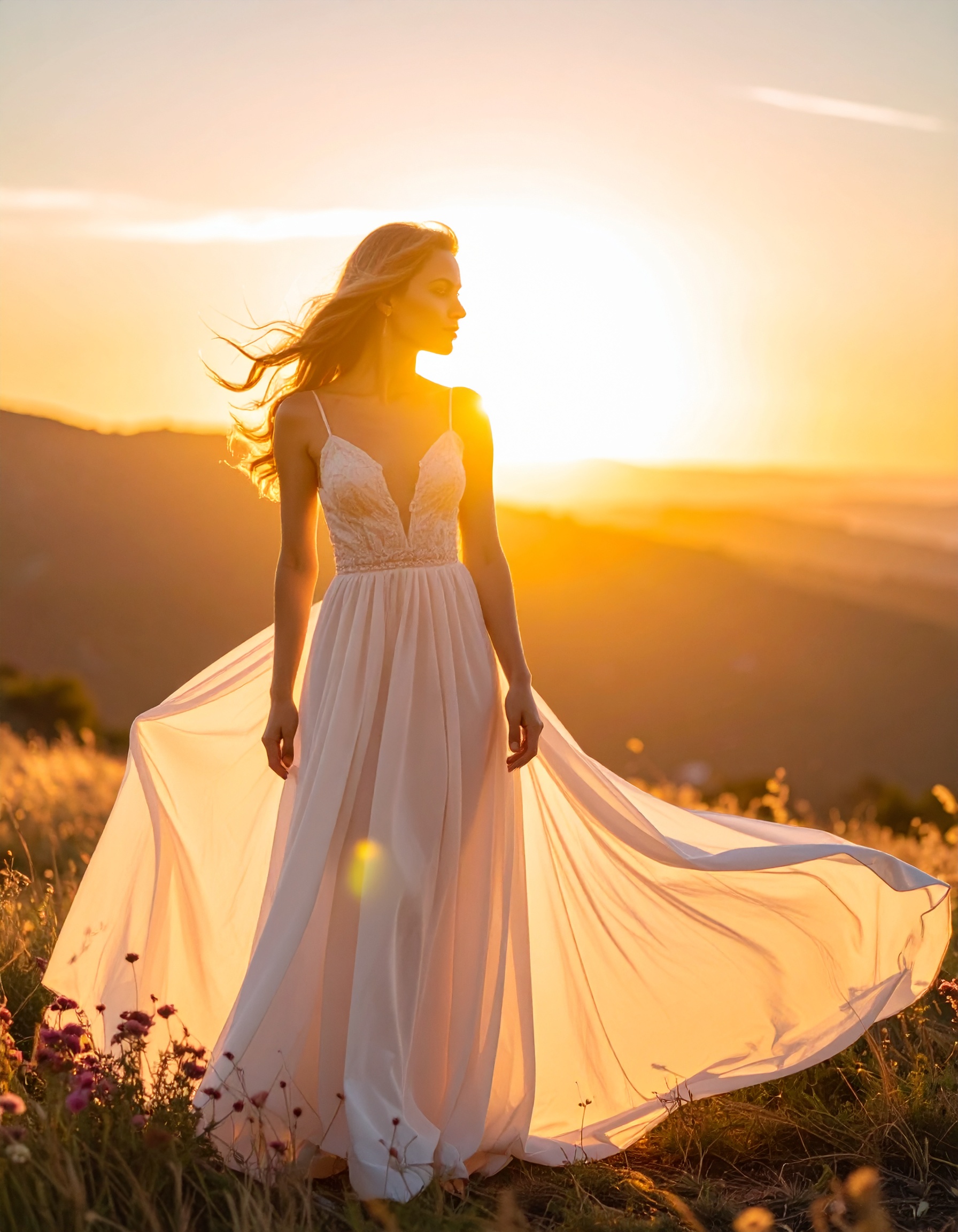 A woman in a flowing white dress stands gracefully in a sunlit field