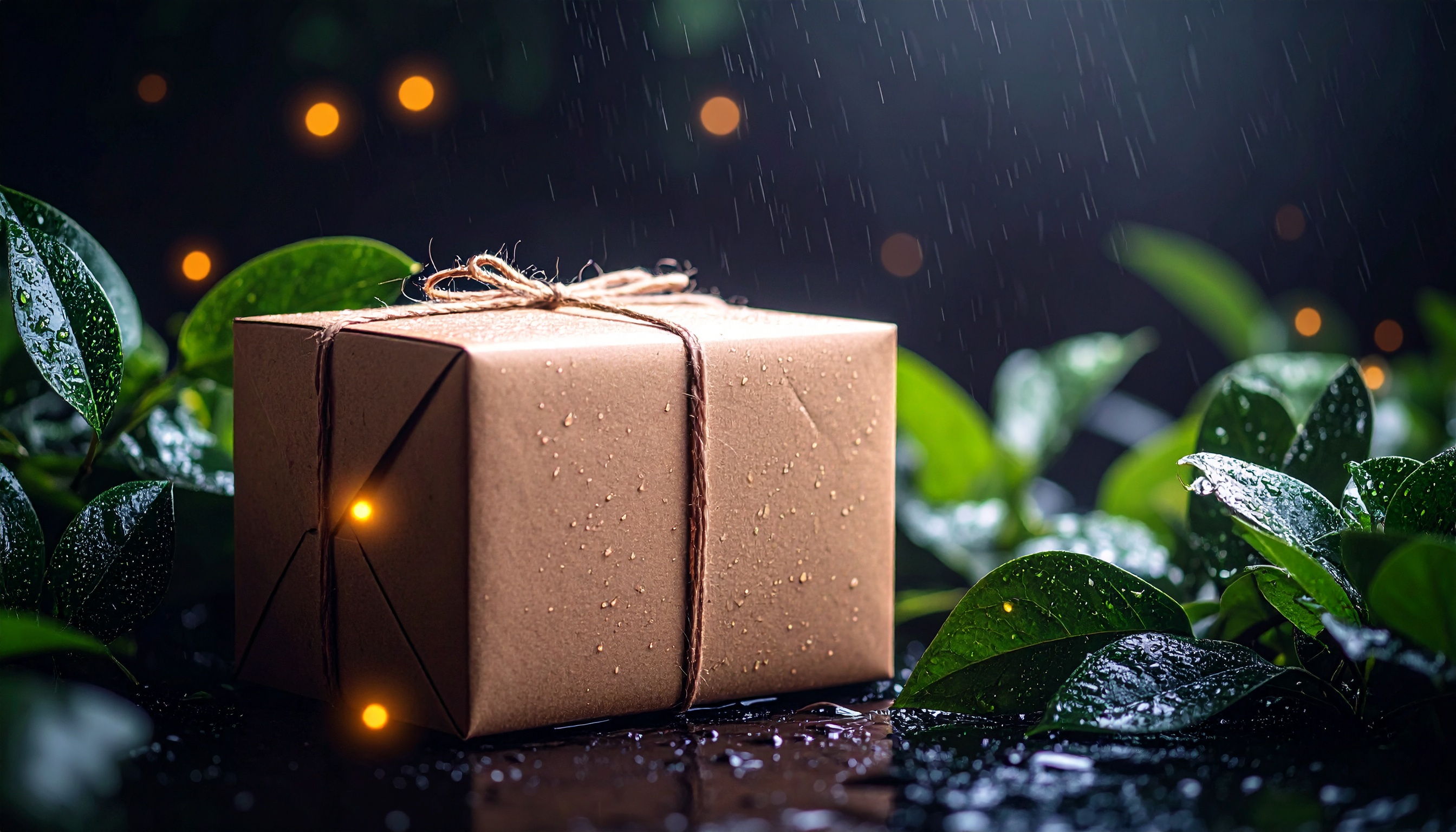 Uma caixa de presente em papel pardo sob chuva suave, cercada por folhagem verde molhada e luzes difusas, evoca mistério e expectativa em um ambiente natural e noturno.