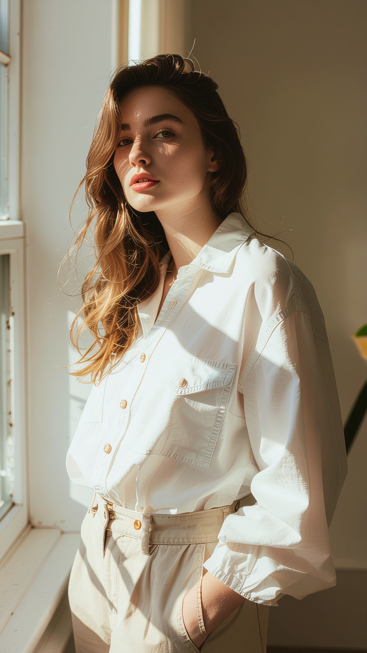 A woman in a stylish white shirt stands in soft natural light