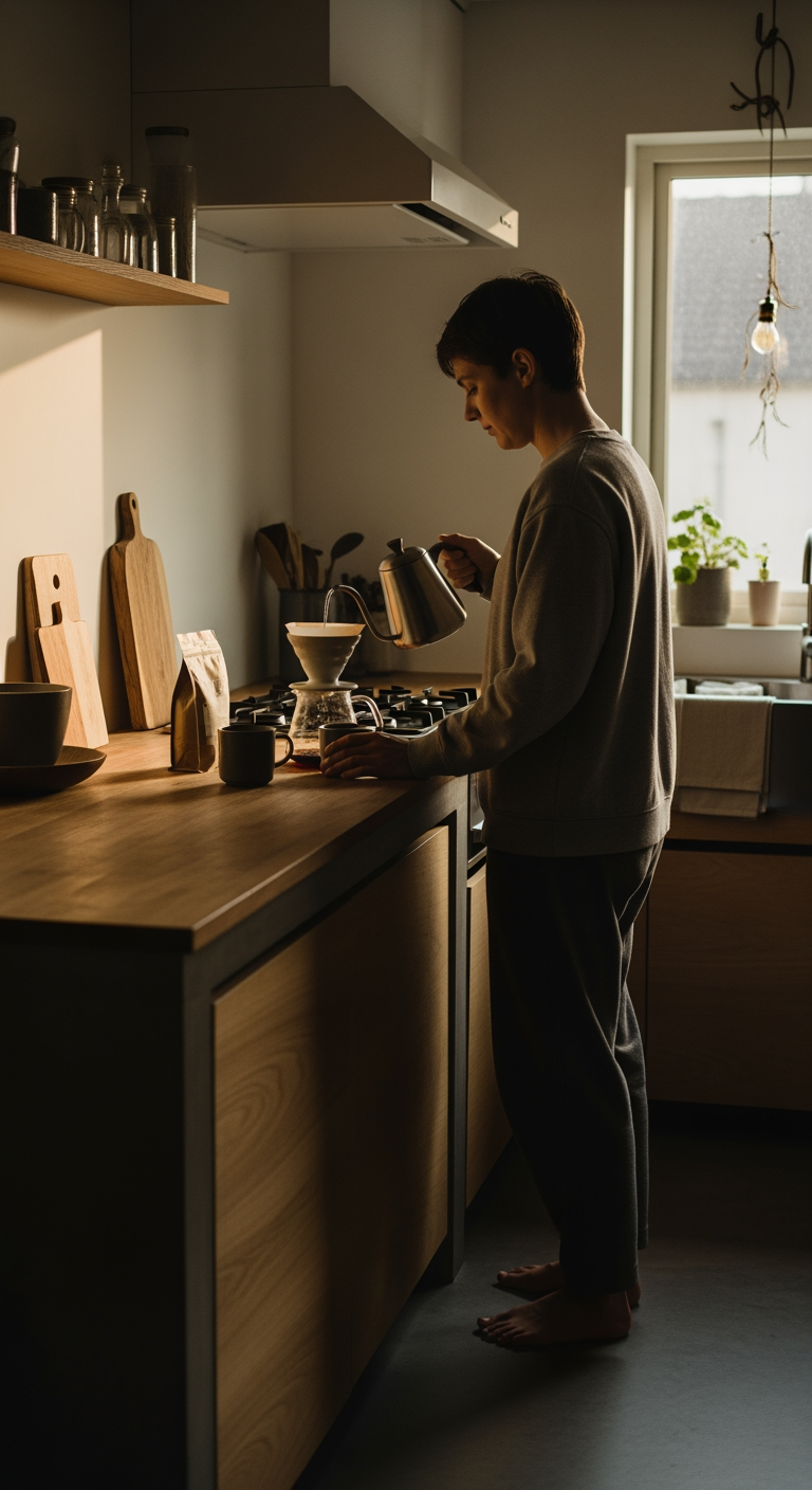 A cozy kitchen scene features a person preparing coffee with a pour-over method