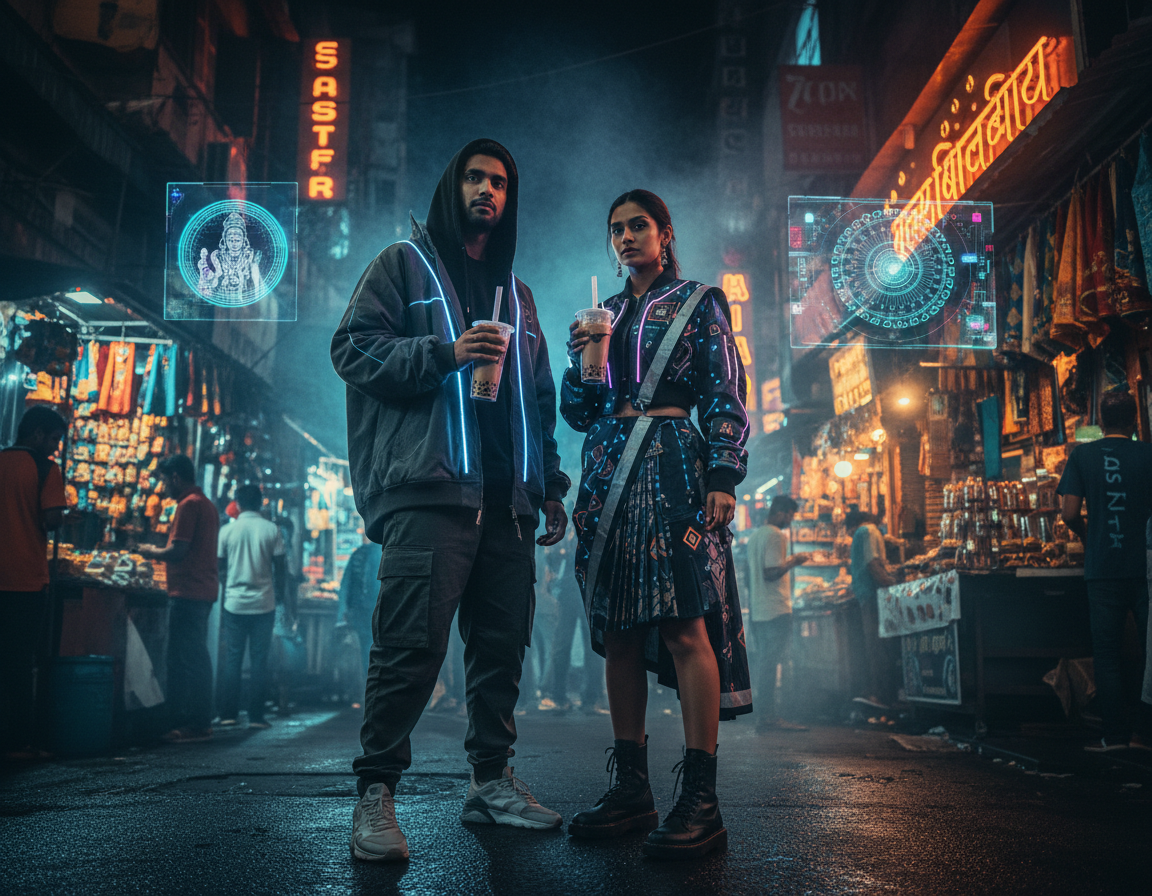Stylish individuals in futuristic attire stand in a bustling night market