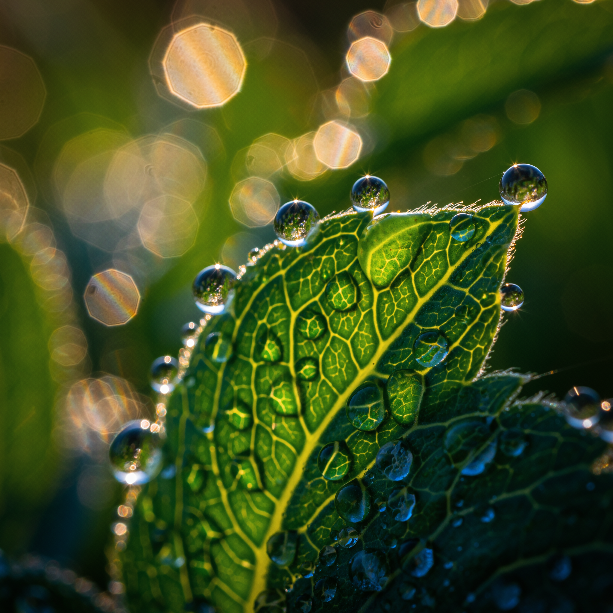 Close-up of a Sunlit Green Leaf with Dew Drops
