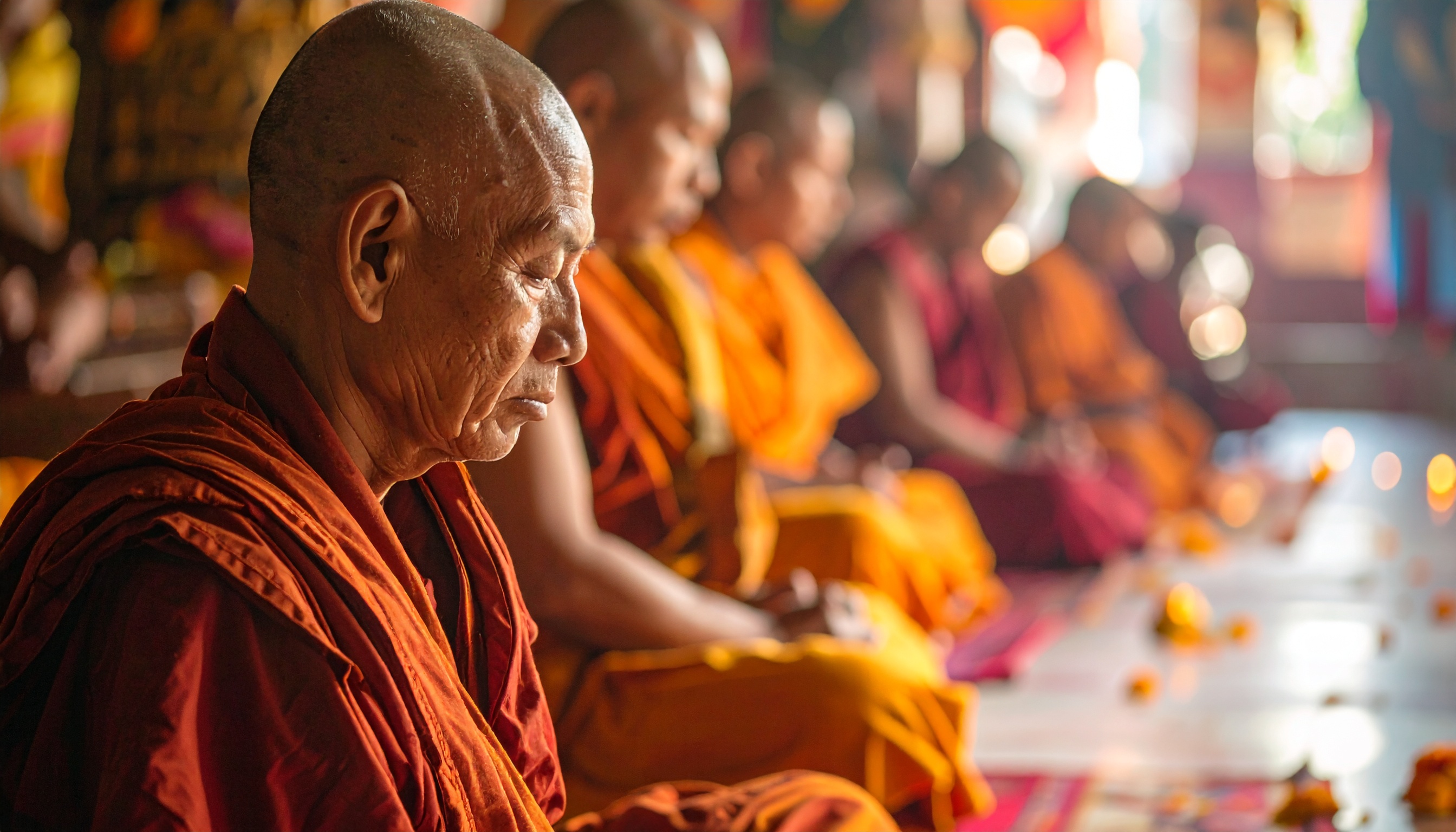 Grupo de monges meditativos em templo iluminado por luz natural. A cena captura a essência de tranquilidade e foco, ideal para quem busca inspiração espiritual. As vestimentas de tons laranja e vermelho criam um contraste vibrante com o ambiente suave. Perfeito para decoração de espaços que visam paz e contemplação. A imagem oferece um vislumbre autêntico de práticas culturais serenas.
