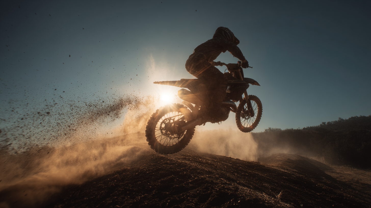 Motociclista realizando salto em uma moto off-road durante o pôr do sol, criando uma nuvem de poeira no ar. A imagem captura a emoção e a adrenalina do motociclismo em um ambiente natural.
