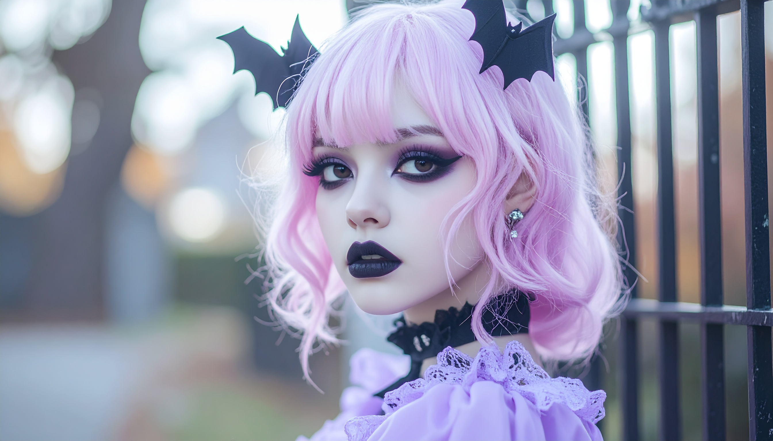 Cabelo rosa pastel com acessório em formato de asas de morcego cria um visual único e expressivo. Perfeito para eventos temáticos, fantasias ou fotos criativas, destacando-se pela combinação de cores e estilo gótico suave. A maquiagem dramática complementa o cabelo, adicionando mistério e elegância. Ideal para festas de Halloween ou eventos alternativos onde a individualidade é valorizada. A versatilidade desse look permite adaptações para diferentes temas e ocasiões.