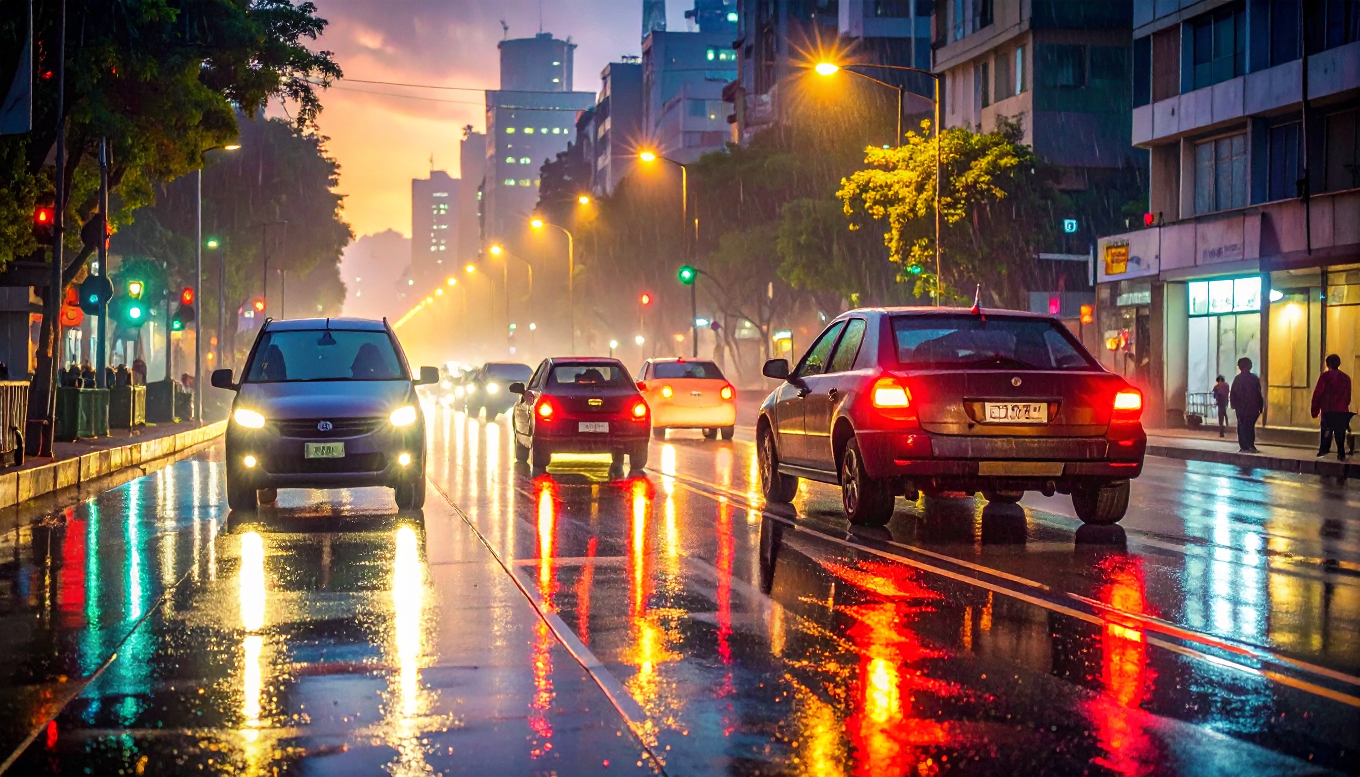 Cars navigate a vibrant urban street reflecting colorful lights on wet pavement