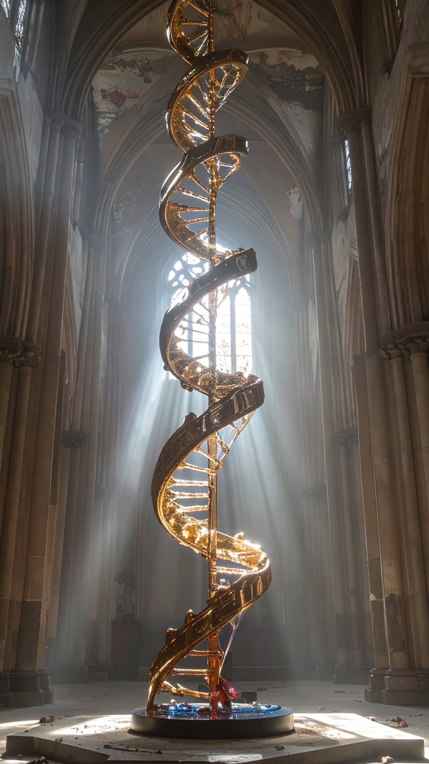 A towering golden DNA sculpture stands majestically in a sunlit cathedral