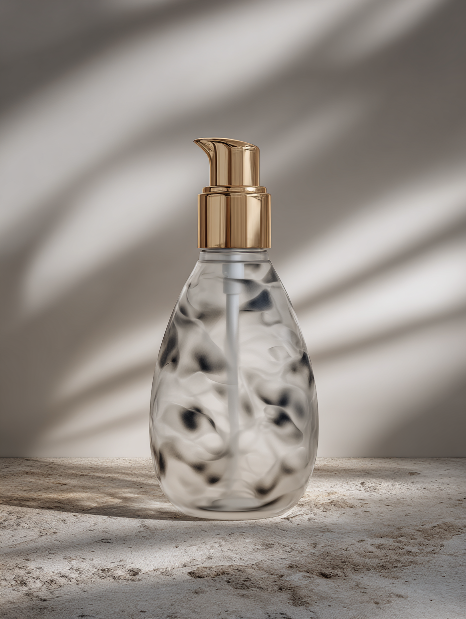 Frasco de bomba dourada em vidro fosco com padrão marmorizado, posicionado sobre superfície texturizada. Iluminação suave cria sombras delicadas, destacando a elegância do design. Ângulo frontal captura detalhes do acabamento metálico e a transparência do vidro.