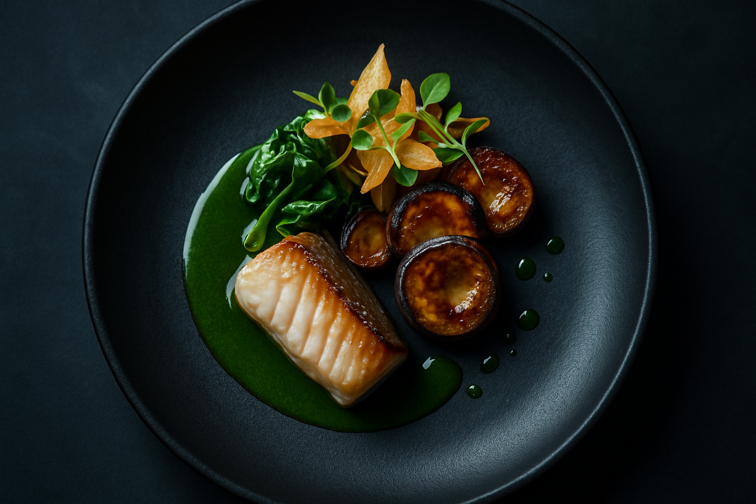 A gourmet dish is elegantly presented on a dark plate, showcasing a piece of glazed