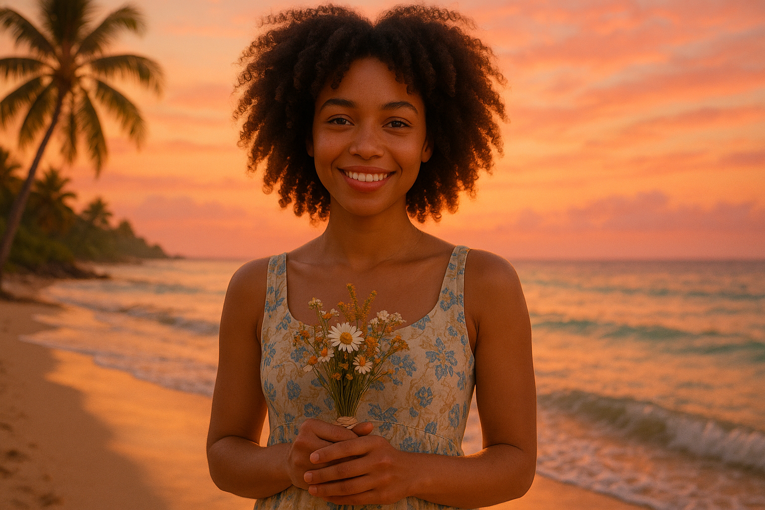 A imagem retrata uma jovem mulher sorridente segurando flores em um ambiente de praia ao pôr do sol. O céu é adornado com tons quentes de laranja e rosa, refletindo-se na água tranquila do mar. A figura da mulher é destacada pela luz suave do entardecer, e seu vestido floral complementa as cores do cenário.