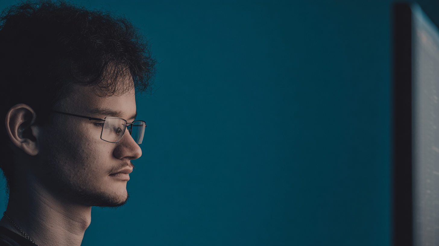 Retrato lateral de um homem usando óculos, com iluminação suave e fundo azul. A imagem foca no perfil sereno do homem, criando uma atmosfera contemplativa e introspectiva, com detalhes nítidos e composição minimalista.