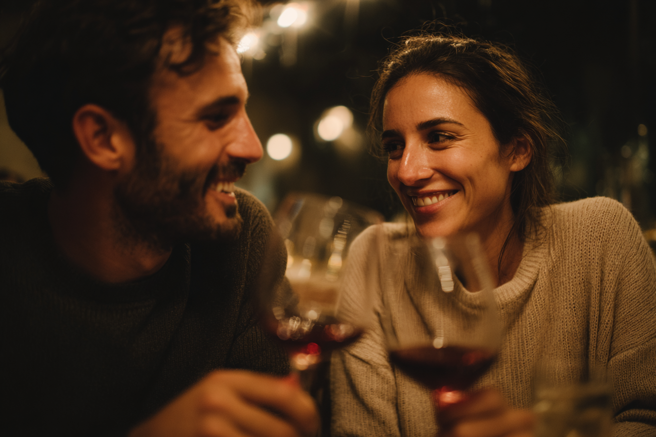 A imagem retrata um momento íntimo entre um casal, com uma paleta de cores quentes e suaves, destacando tons terrosos e ricos. A iluminação suave e difusa cria um ambiente acolhedor e convidativo, com reflexos de luz que acentuam a atmosfera de conexão entre os dois.