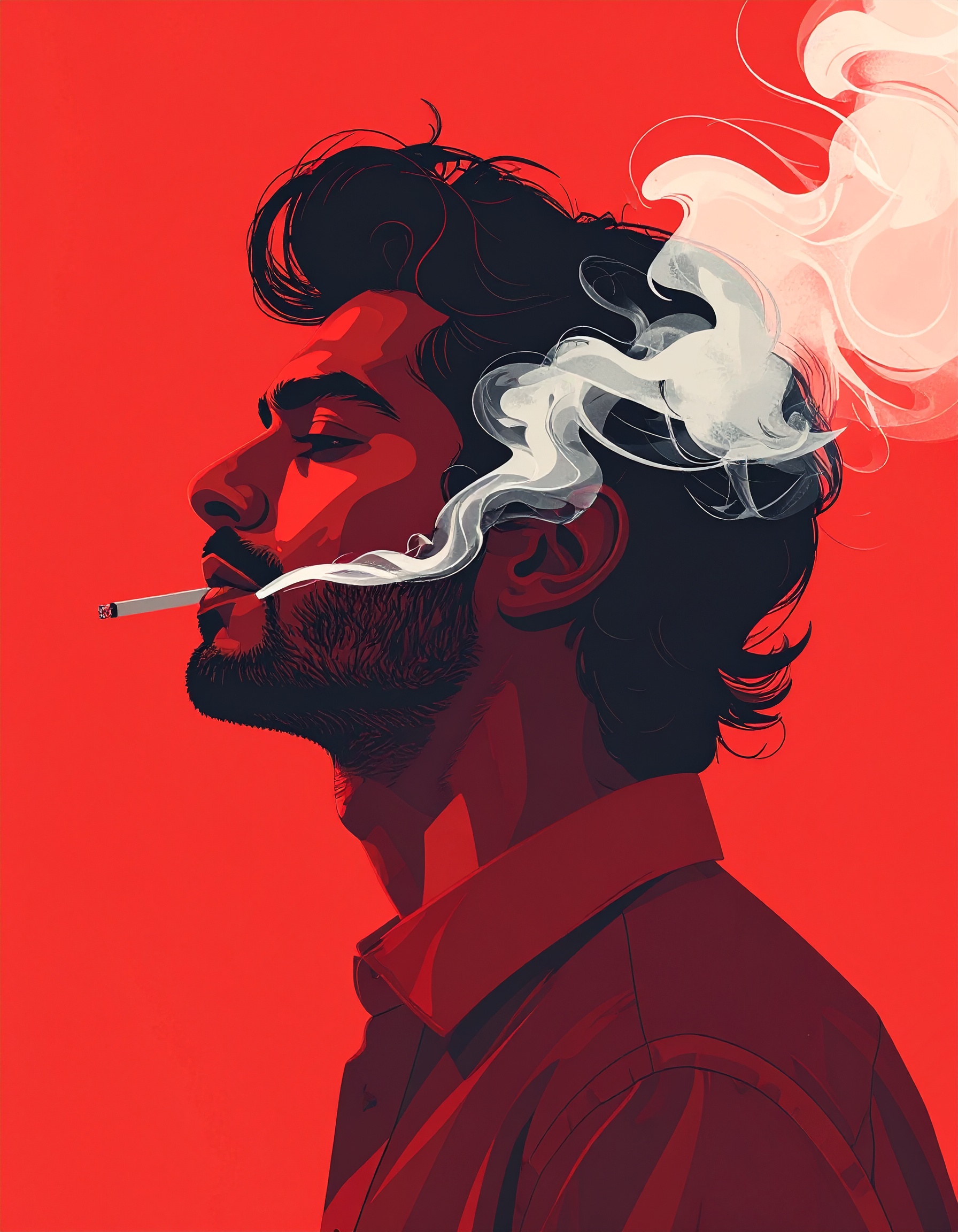 A striking illustration features a man smoking against a bold red background